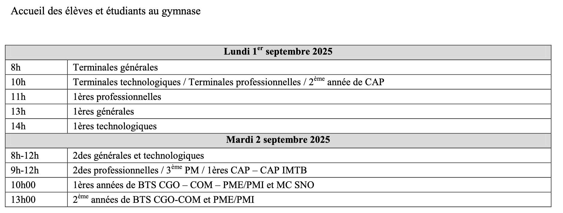 Planning rentrée 2025-2026
